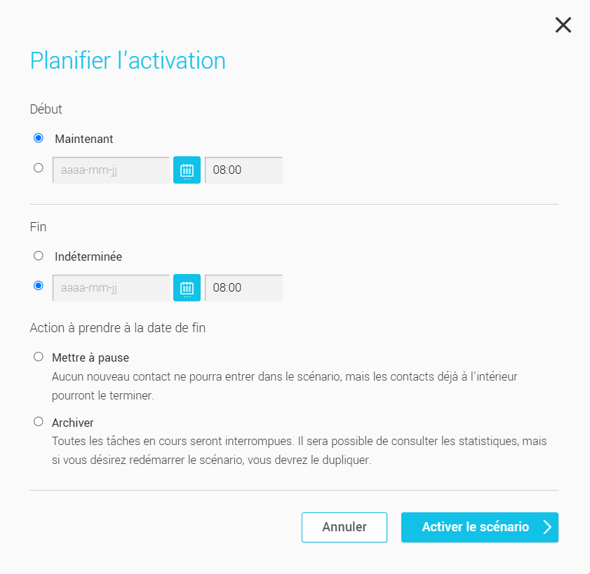 Planifier l'activation du scénario