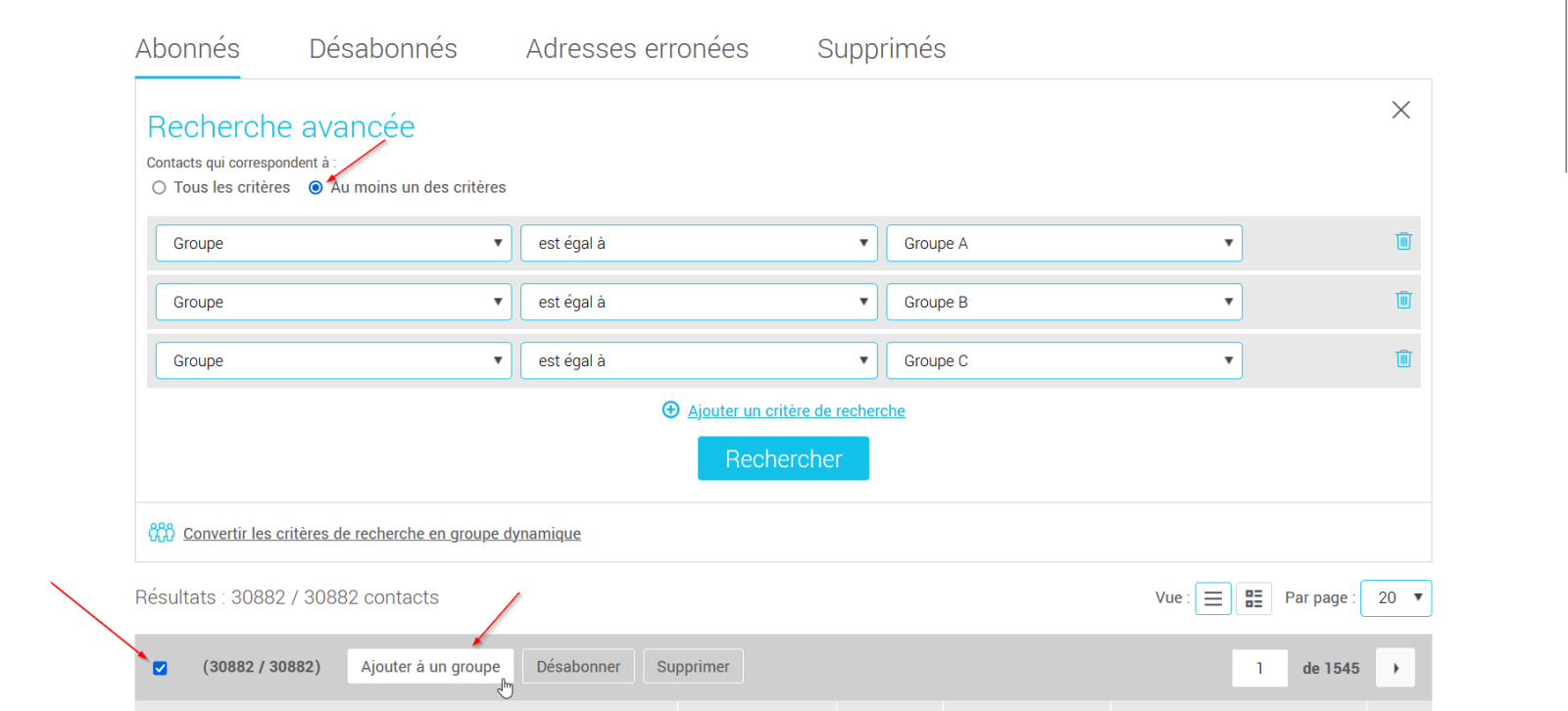 fusionner des groupes par la recherche avancée