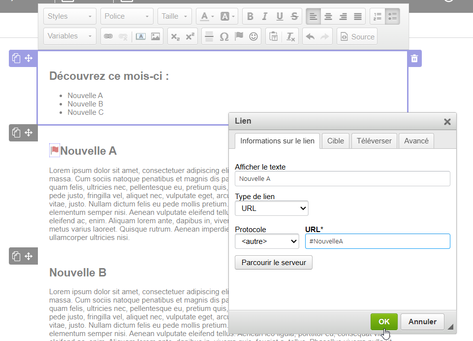 Créer un lien (ancre) dans un différent bloc