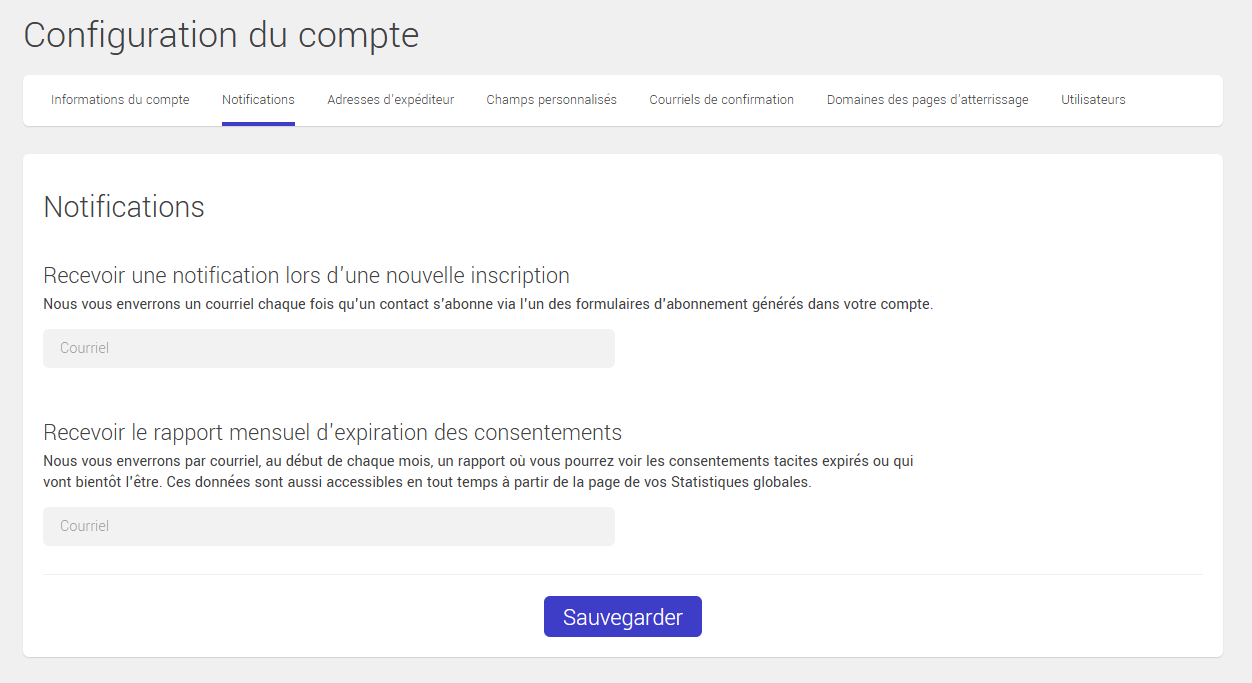 Configuration des notifications au compte